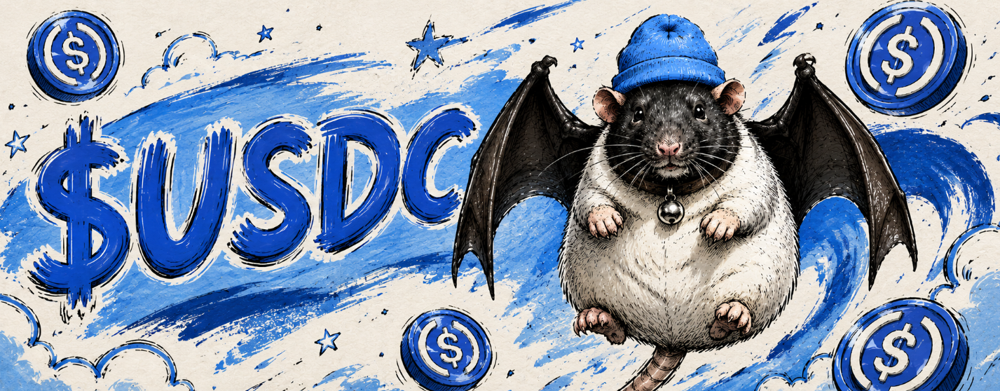 FatCatBatRatWifHat soaring past a stack of USDC coins
